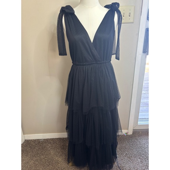 Three Bird Nest BohoBlack Tulle Tiered Midi Dress Swiss Dot Tie Shoulder V-Neck - Picture 6 of 10